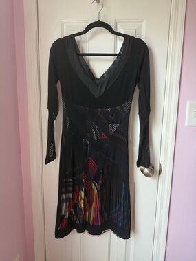 Black Long-Sleeve V-Neck Mesh Fringe Women's Dress